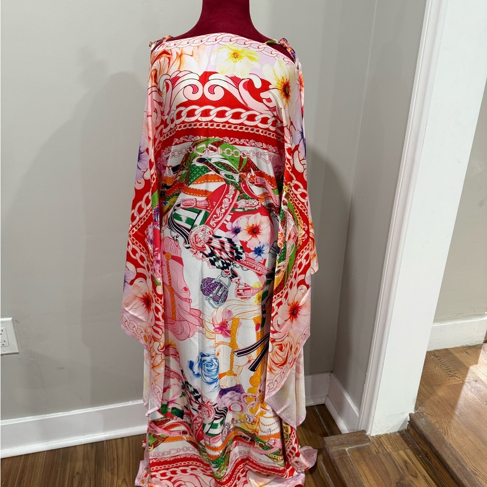 Vibrant Floral & Chain Print Silk Caftan - Pink & Red